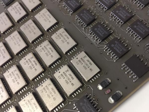 A closeup view of the integrated circuits, which make up the Cray 2 memory module