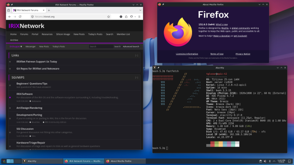 A screenshot of Firefox displaying IRIXNET on KDE Plasma 6 on kernel 7.2.0-rc2-epic1 on an Itanium HP Integrity rx2620 server