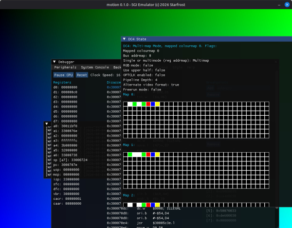 Motion, now with a blue-green background and with a debug window showing the DC4 palette/